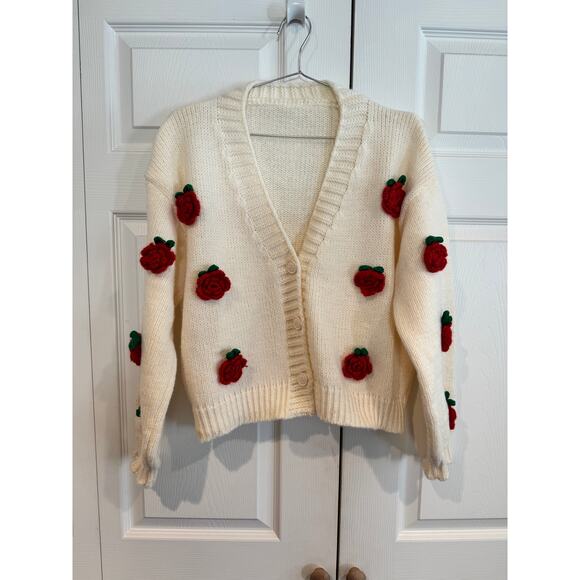 Women’s Knit Cardigan – Cream with Red Rose Details- Sz large - Picture 1 of 6
